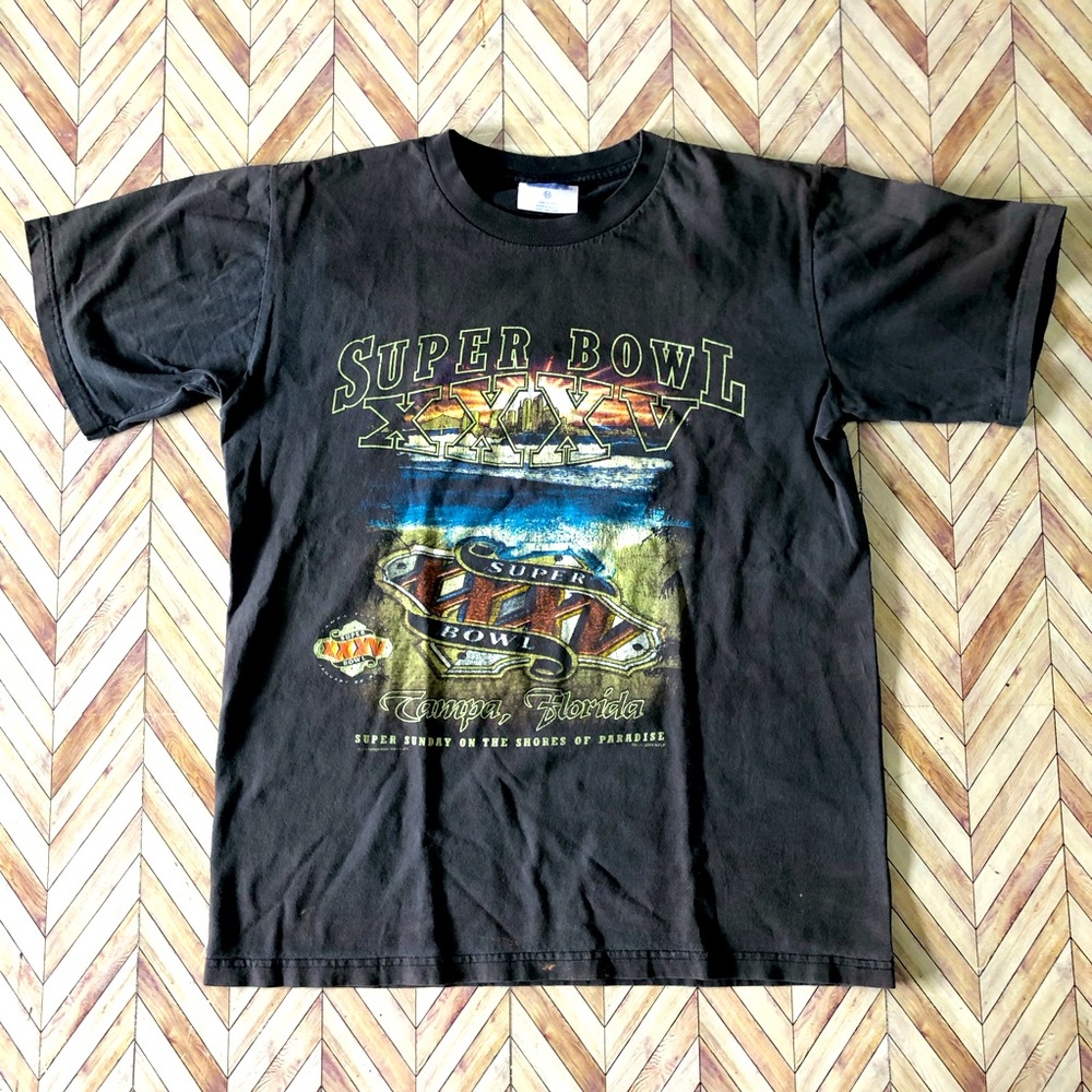 Super Bowl XXXV Tampa Bay Vintage Black Tee. Size Med. 100% Cotton Bal Vs. NYG